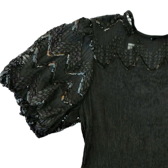 Vintage Black Evening Dress Ric Rac Sequin Puff Sleeves Crinkle Sheath Union Tag - Picture 5 of 13
